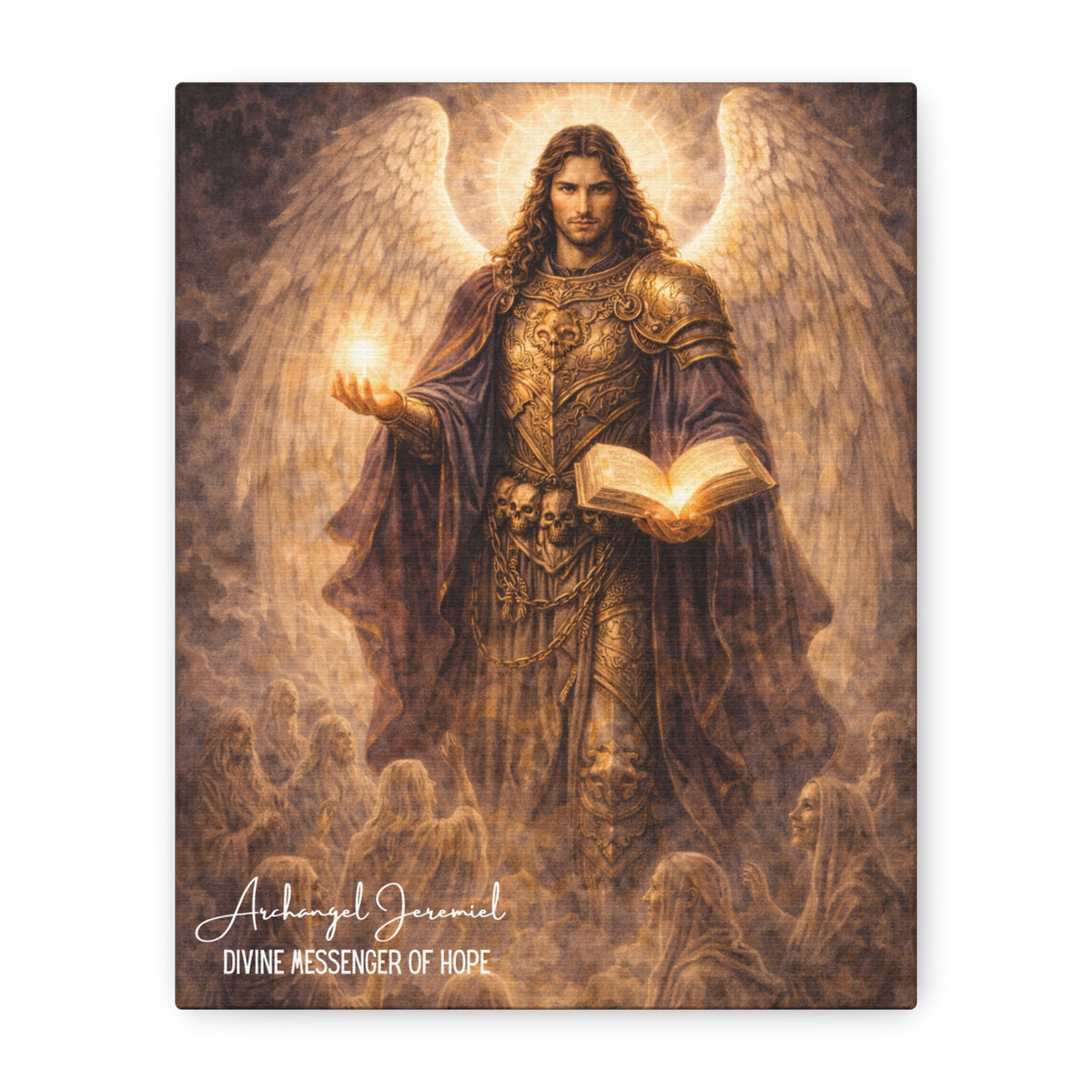 Archangel Jeremiel in gold armor with white wings, halo, glowing orb and open book above shadowed figures.