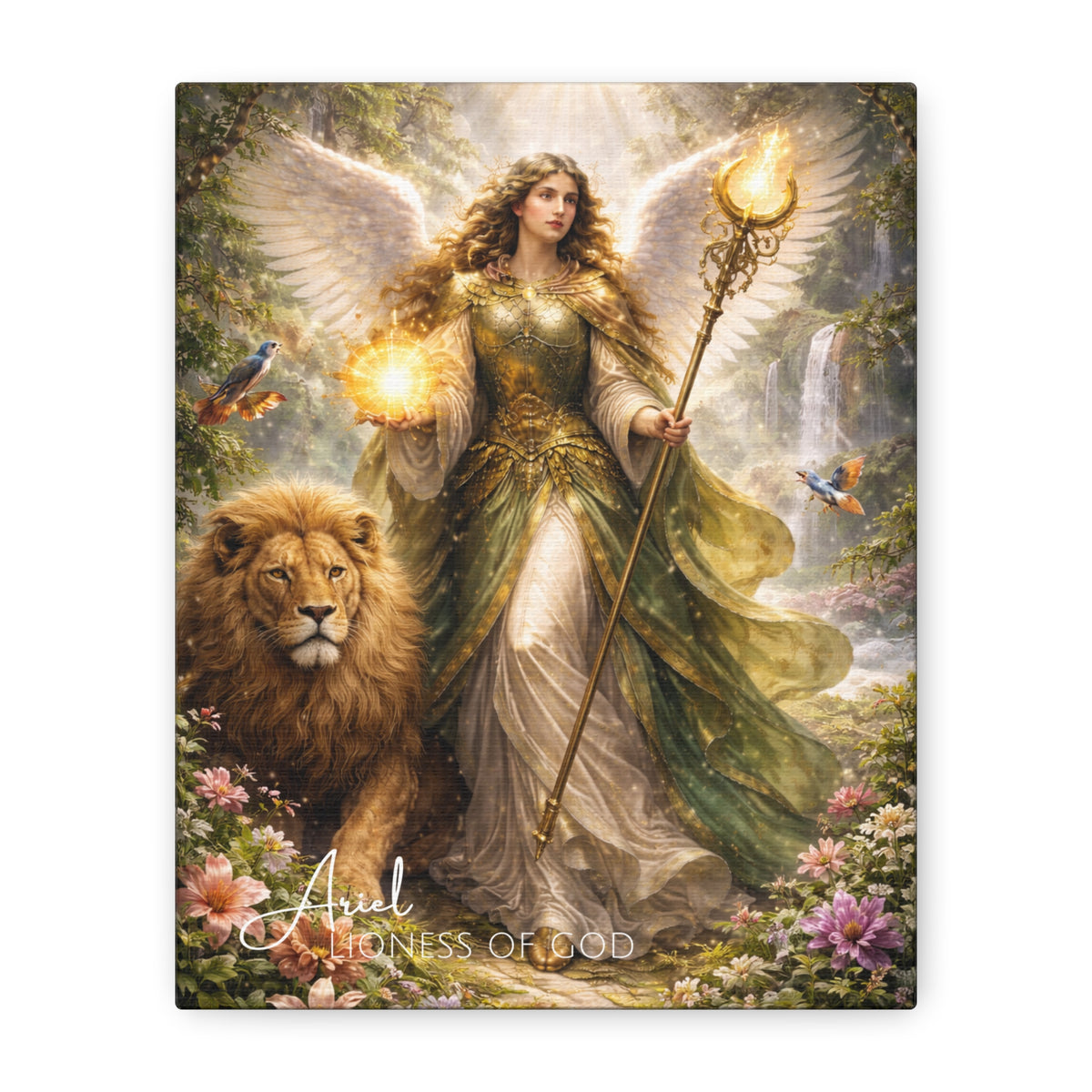 Winged Archangel Ariel in gold and green with a lion, glowing orb, staff, birds, flowers, and waterfall.