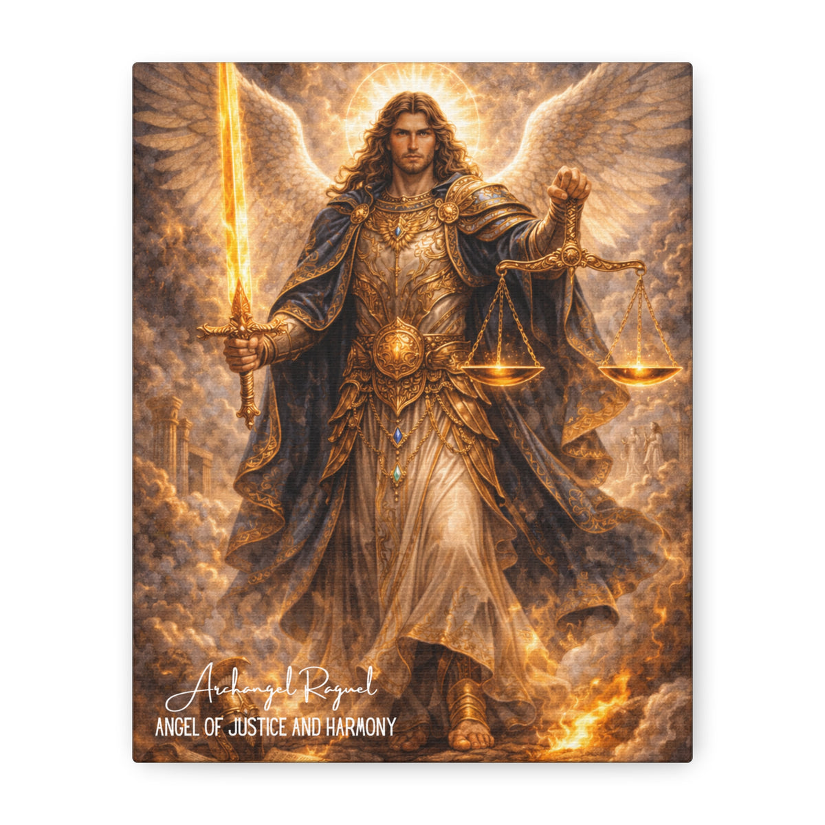 Archangel Raguel in ornate gold armor with white wings, a glowing sword, and balanced scales amid golden clouds.