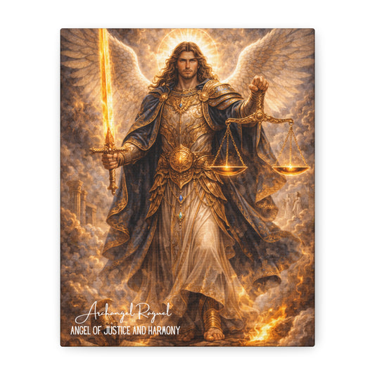Archangel Raguel in ornate gold armor with white wings, a glowing sword, and balanced scales amid golden clouds.