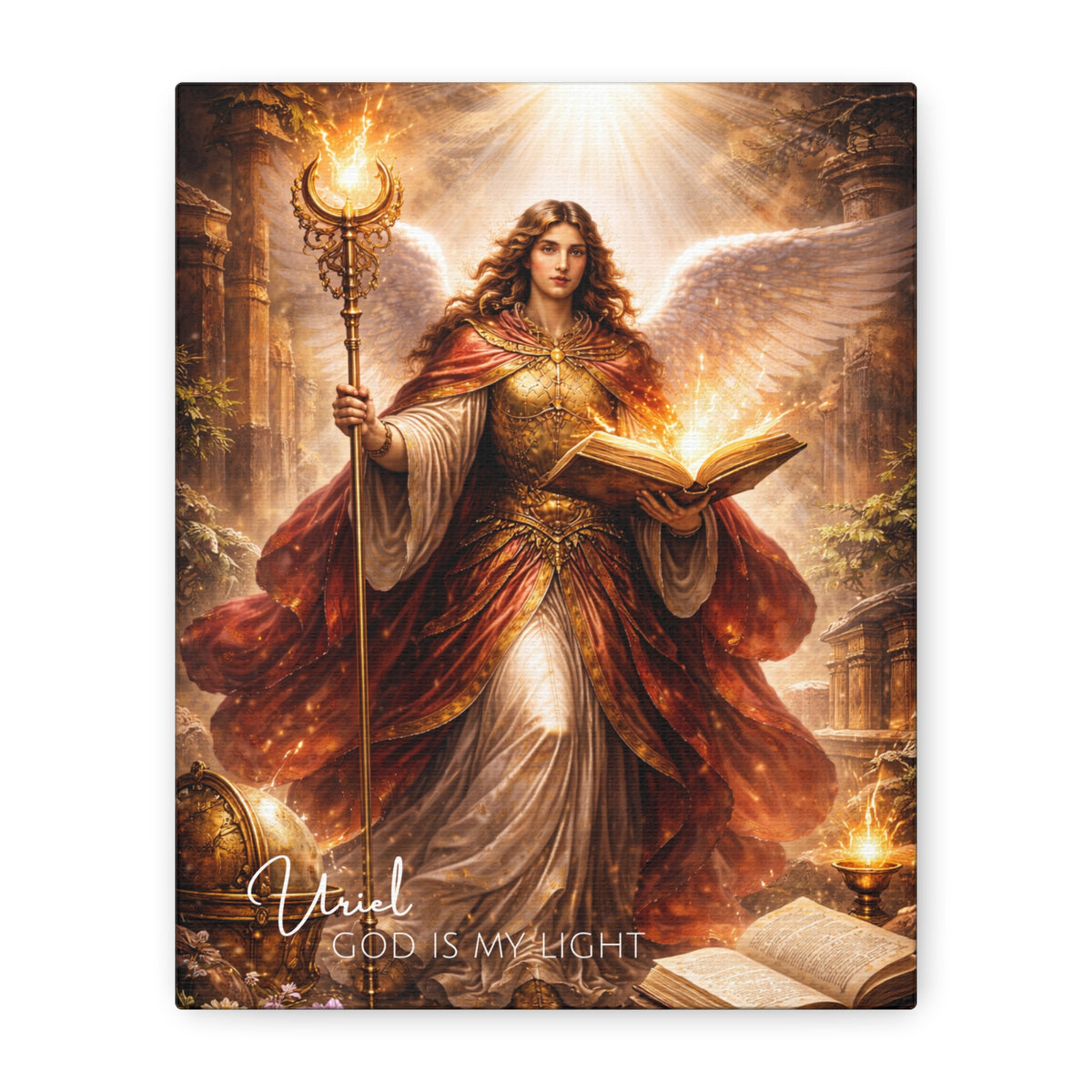 Winged Archangel Uriel in red and gold holding a glowing book and staff beneath rays of light, with God Is My Light text.