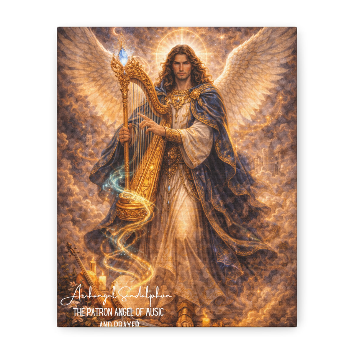 Fantasy-style Archangel Sandalphon with golden harp, white wings, halo and blue robe amid glowing clouds and musical instruments.