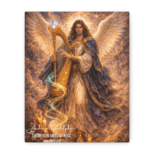 Fantasy-style Archangel Sandalphon with golden harp, white wings, halo and blue robe amid glowing clouds and musical instruments.