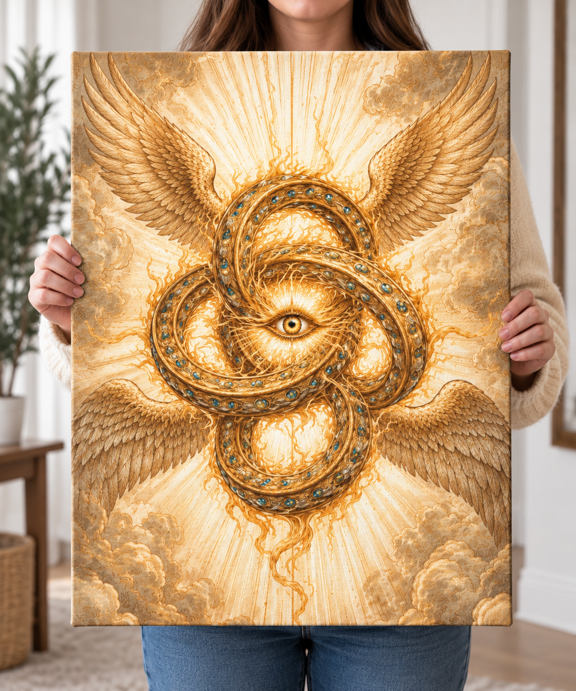 Golden Ophanim Canvas Wall Art Celestial Christian Religious Home Wall Decor