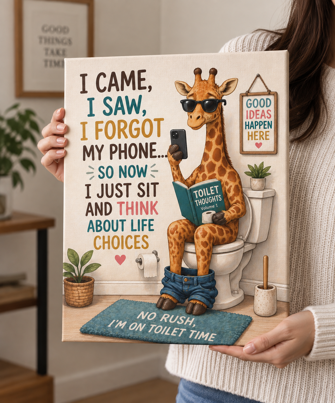 Funny Giraffe Toilet Canvas Wall Art