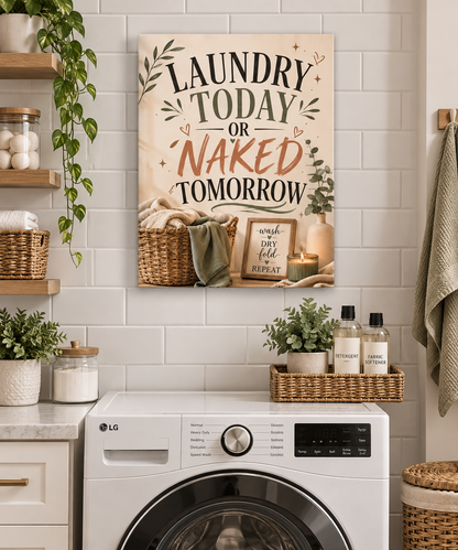 Laundry Today or Naked Tomorrow Canvas Wall Art, Funny Laundry Room Decor