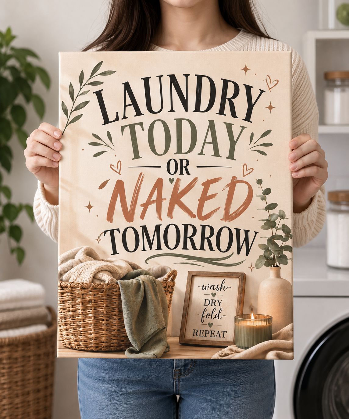 Laundry Today or Naked Tomorrow Canvas Wall Art, Funny Laundry Room Decor